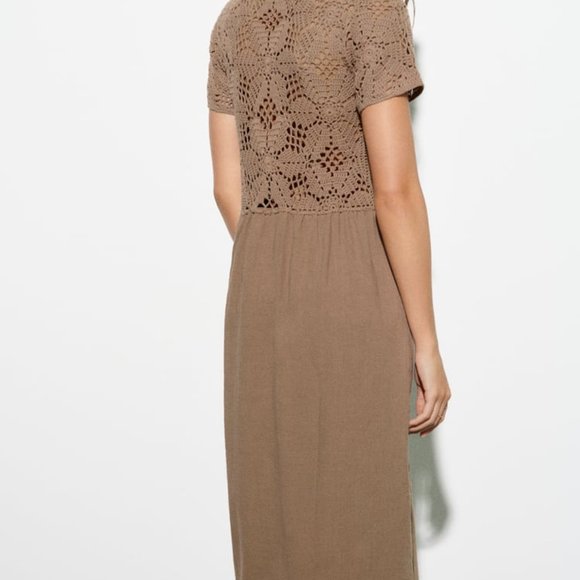 NWT ZARA MIXED MACRAMÉ KNIT MIDI DRESS EARTH - REF. 3653/011 S - Picture 4 of 7